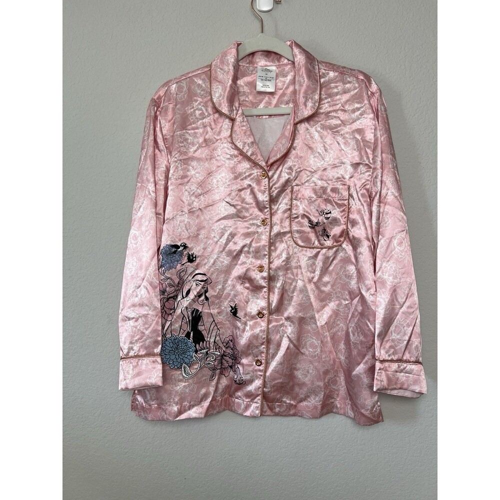 Disney Sleeping Beauty Aurora Pink Floral Satin Pajama Top Shirt XS